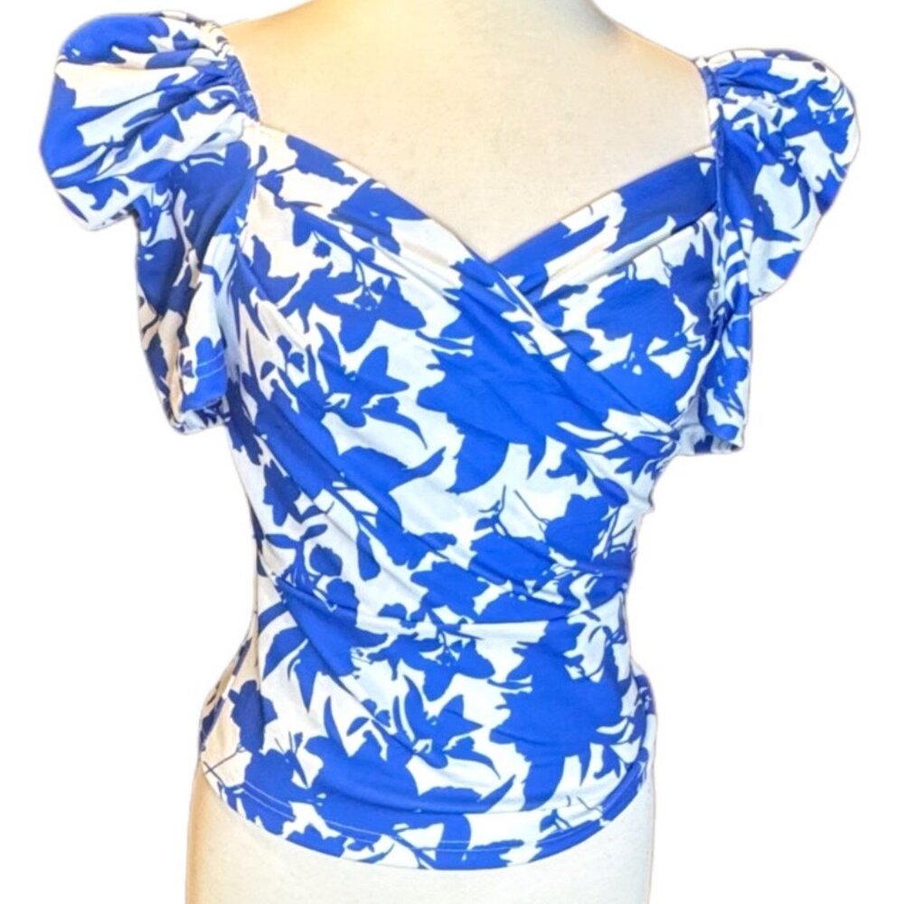 Floral Blouse White Blue Blouse Short Puff Sleeve Top New On / Off Shoulder MED